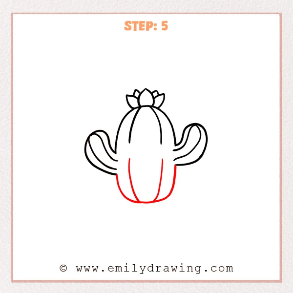how to draw a cartoon cactus - The cartoon cactus now has a closed rounded bottom and clearer vertical rib lines running down the front to the base.